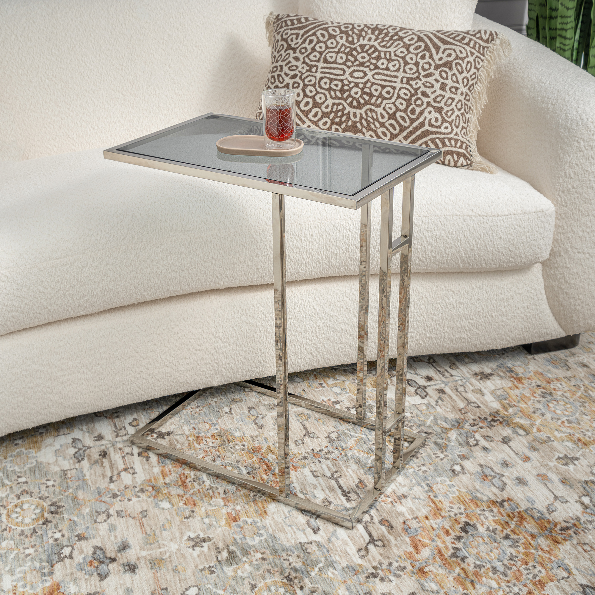 

Silver Stainless Steel Side Table With Glass Top