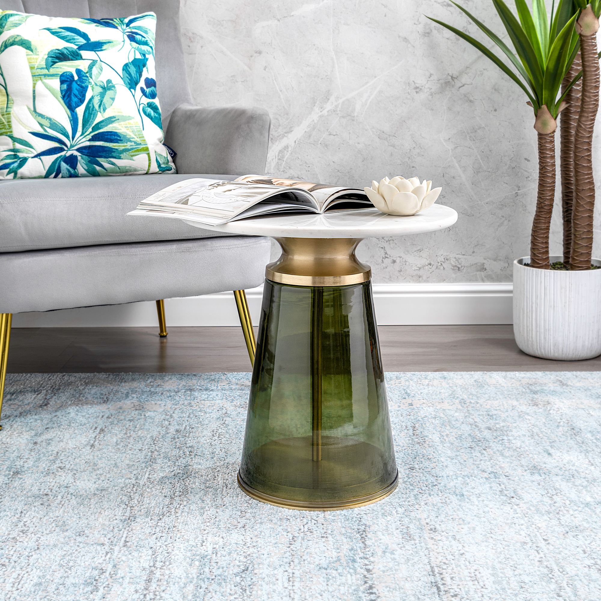 

Side Table Glass Base And Marble Top 45*46 cm