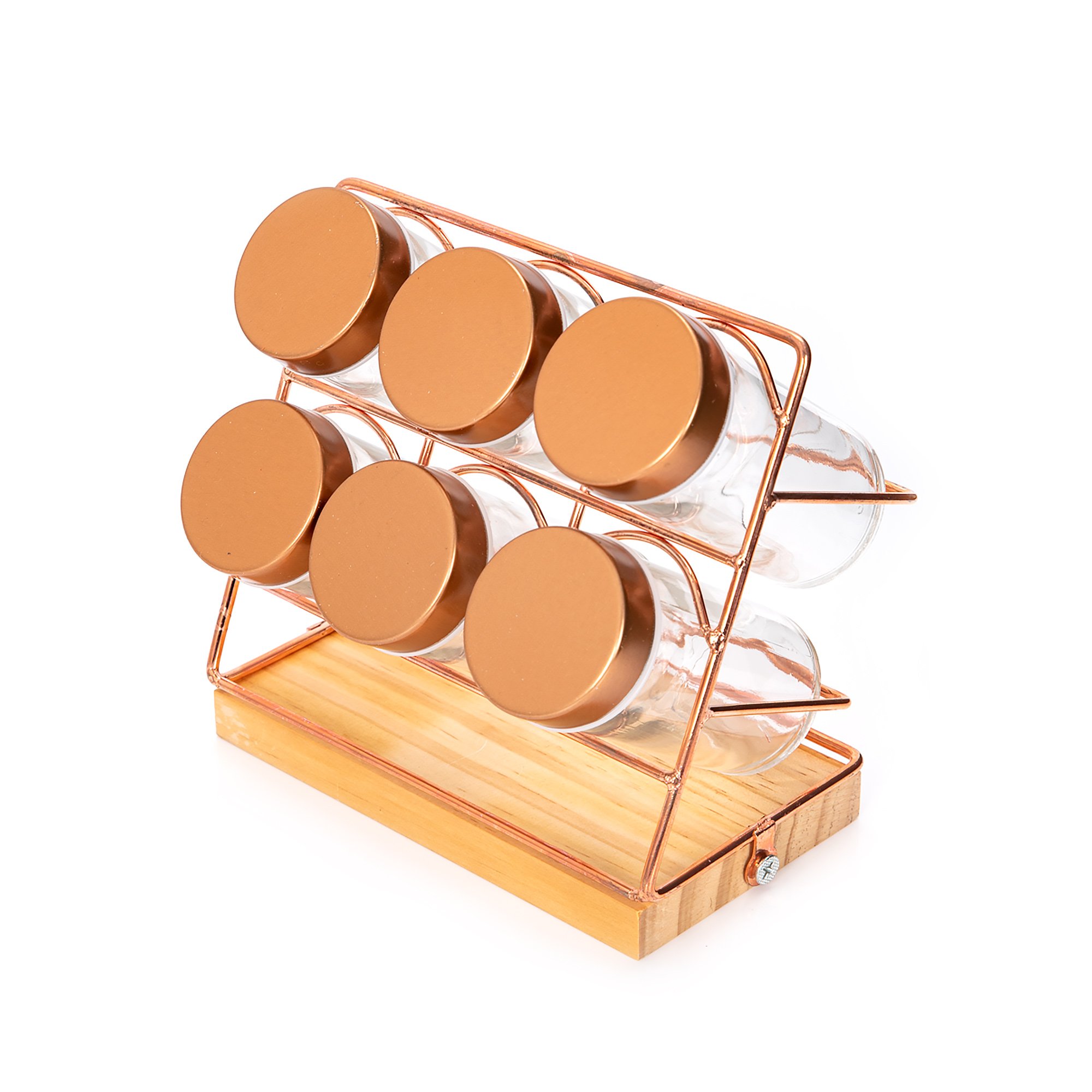 

Alberto 6 Pieces Glass Spice Jars With Copper Clip Lid And Metal Stand