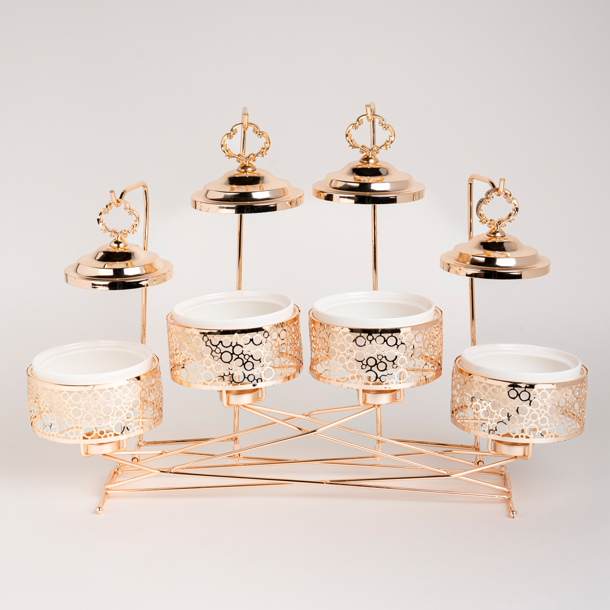 

4 pieces Round Food Warmer Set With Candle Stand Gold 5