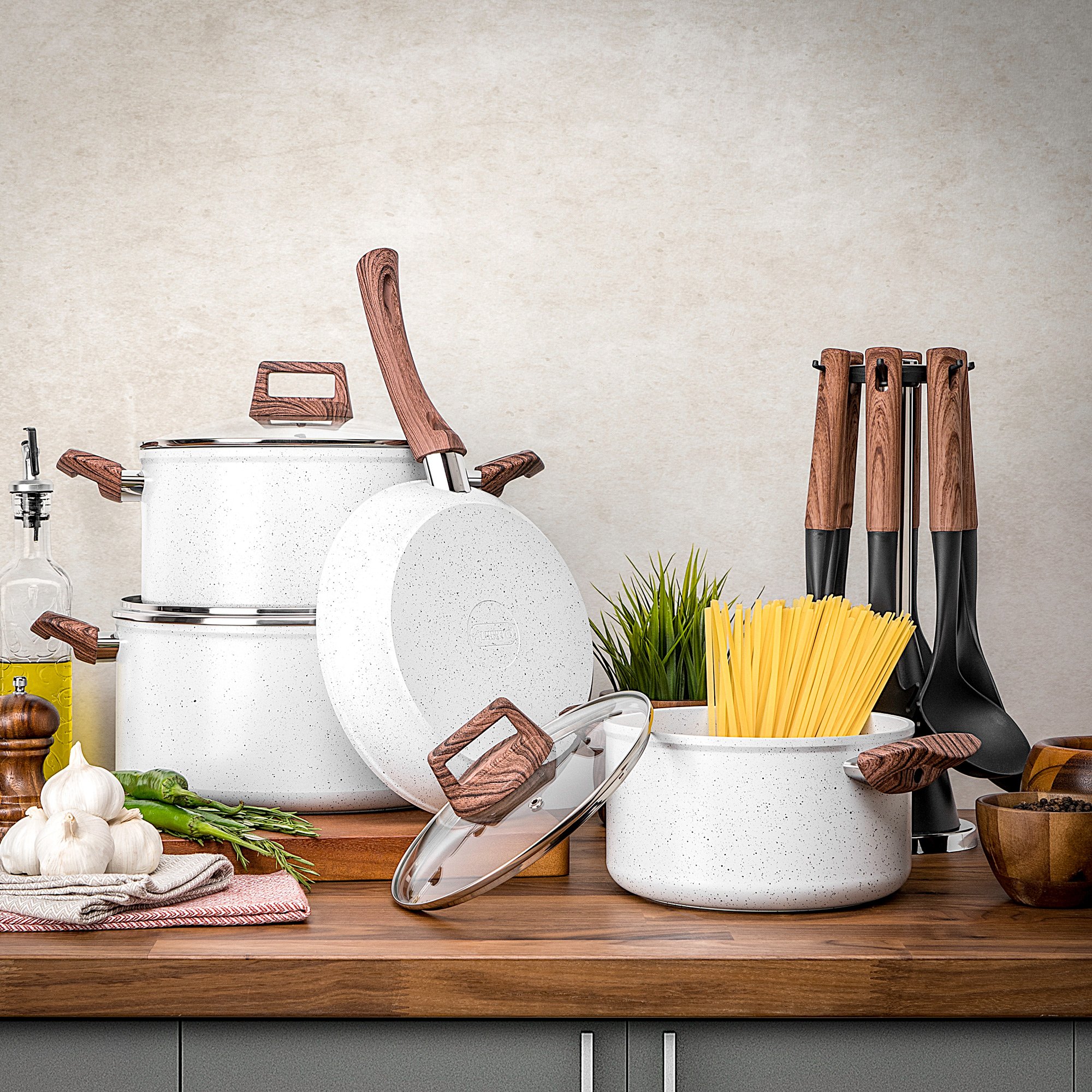 

7 Pcs White Marble Cookware Set