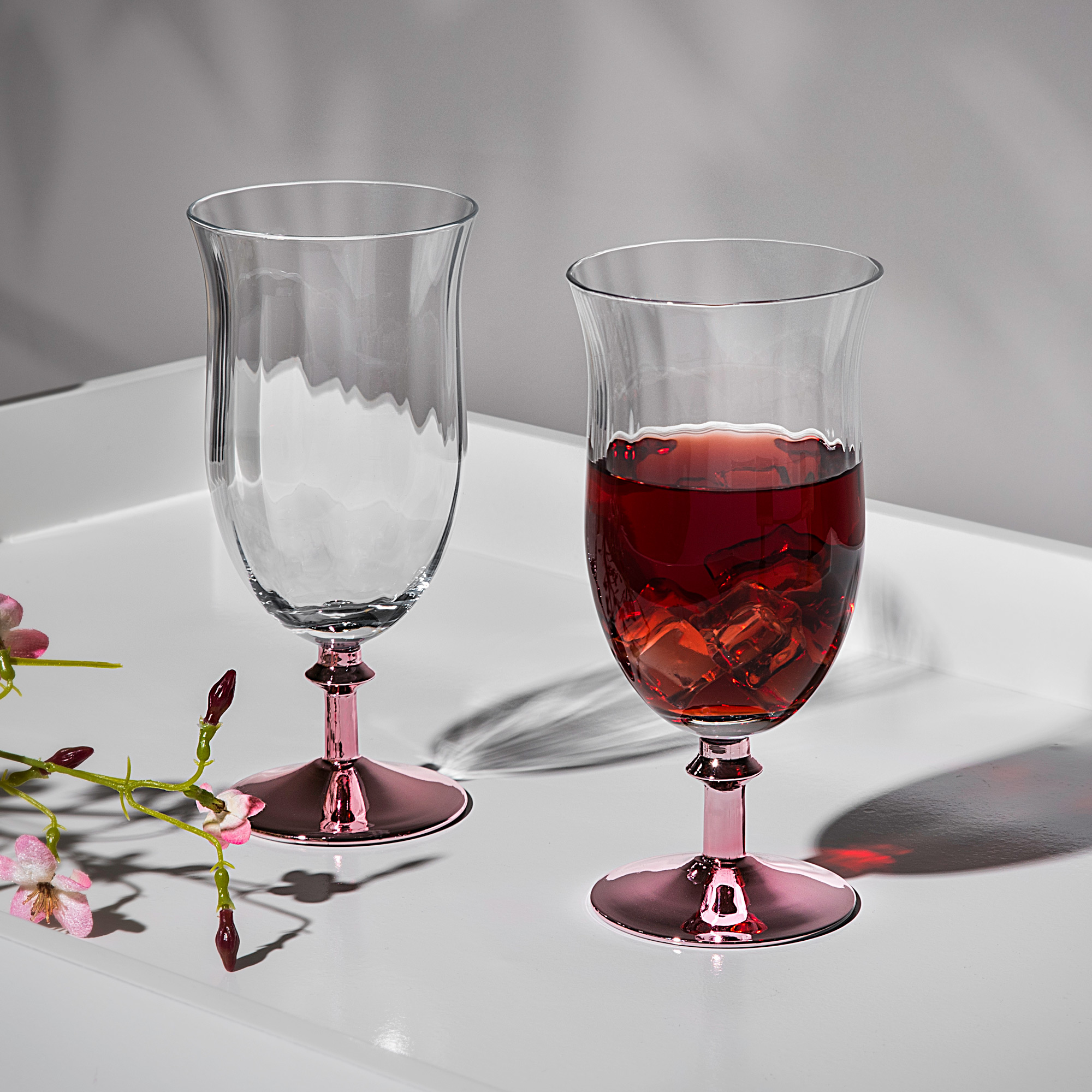 

Set Of 4 Clear Ribbed Ice Tea Glass With Rose Gold Stem