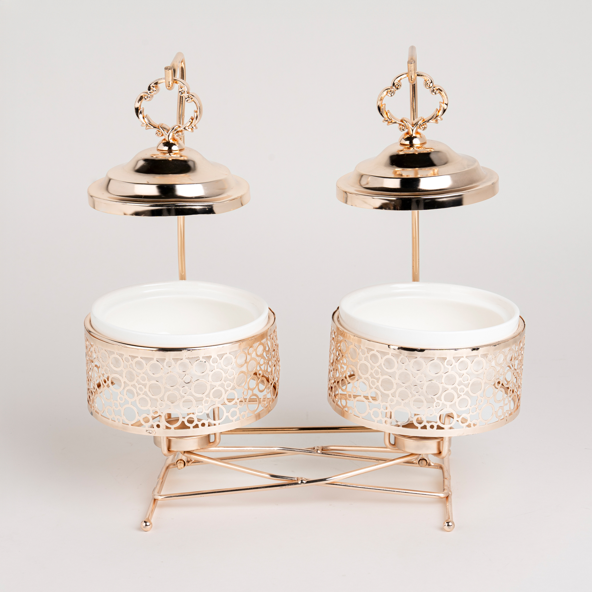 

2 pieces Round Food Warmer Set With Candle Stand Gold 12 cm