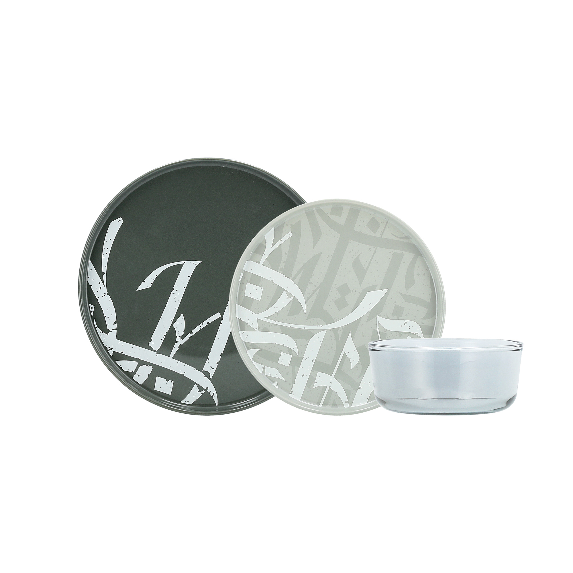 

La Mesa grey stoneware/glass 18 pc dinner set with decal
