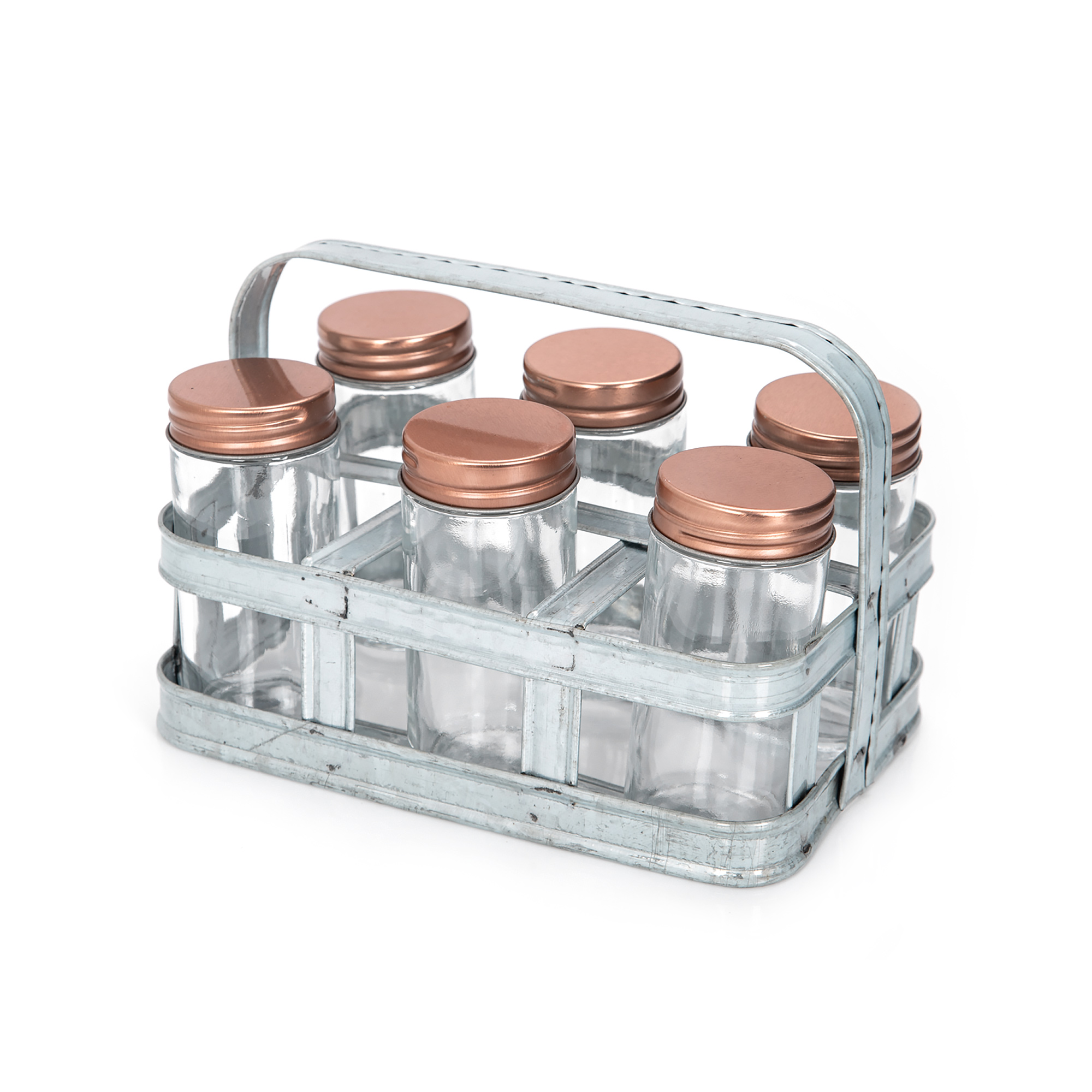 

Alberto 6 Pieces Glass Mini Spice Jars With Copper Clip Lid And Metal Tray