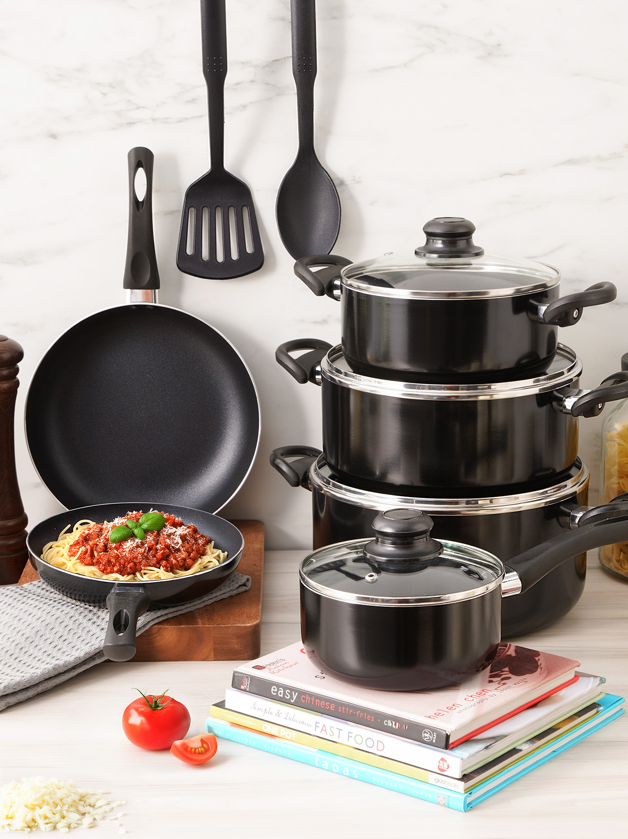 Pentola 12Pcs Aluminum Non Stick Cookware Set With Glass Lids, Black