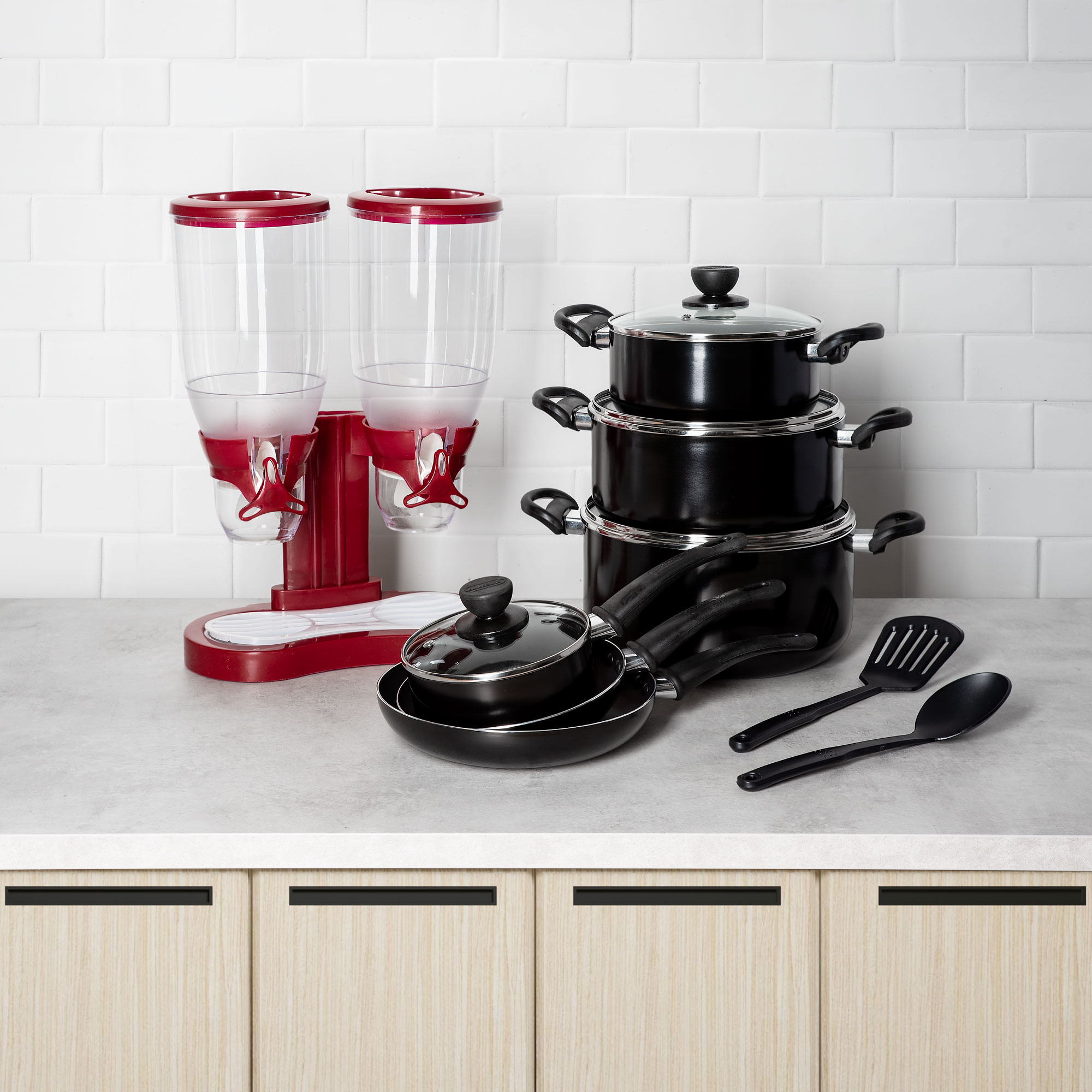 Alberto Nonstick Cookware Set 12 PCS Black + Double Cereal Dispenser Red image number 0